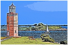 Sailboat Approaching Avery Point Lighthouse. Digital Painting.